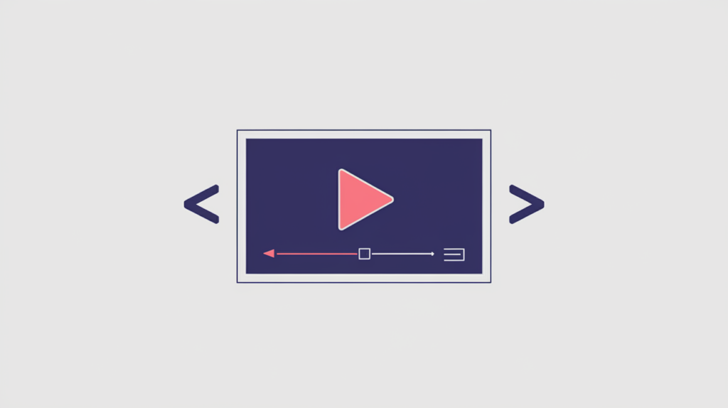 Abstract illustration of a video player embedded inside Microdata markup brackets, in RankGear indigo and coral.
