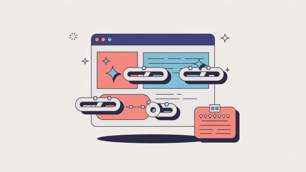 Abstract illustration of a page's navigable links tallied into a single count while a link without a destination is excluded, in RankGear indigo and coral.