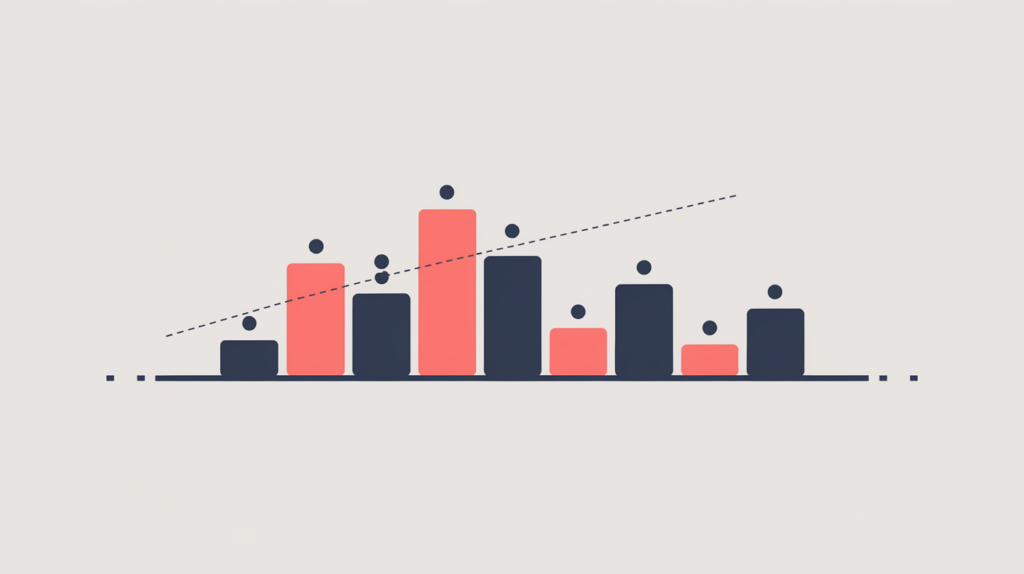 Abstract illustration of sentences as bars of varying length with an average marker, in RankGear indigo and coral.