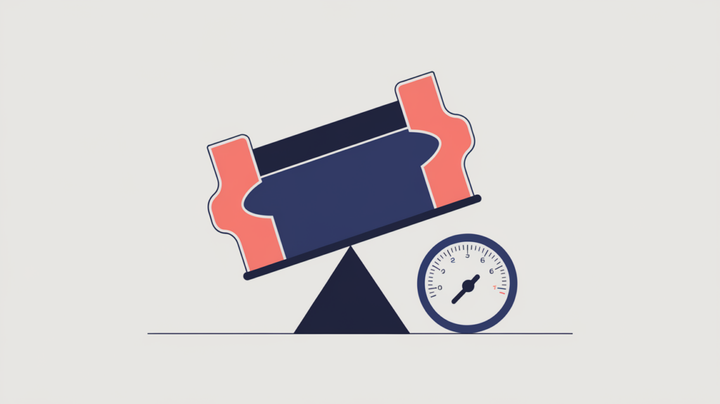 Abstract illustration of an empty HTML body container weighed on a scale reading zero kilobytes, in RankGear indigo and coral.