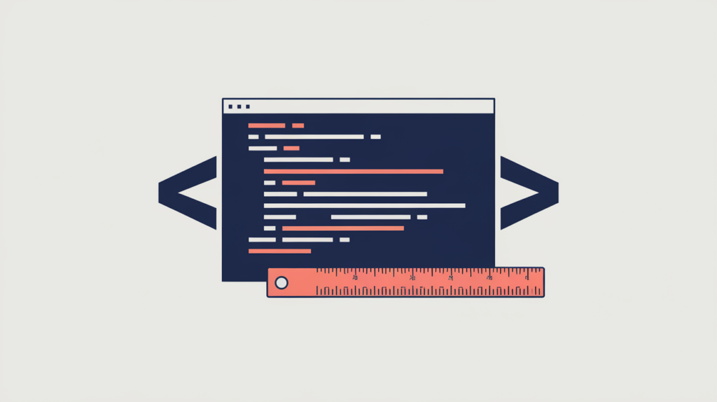 Abstract illustration of a caliper measuring the offset to the first heading tag in a page's markup, in RankGear indigo and coral.