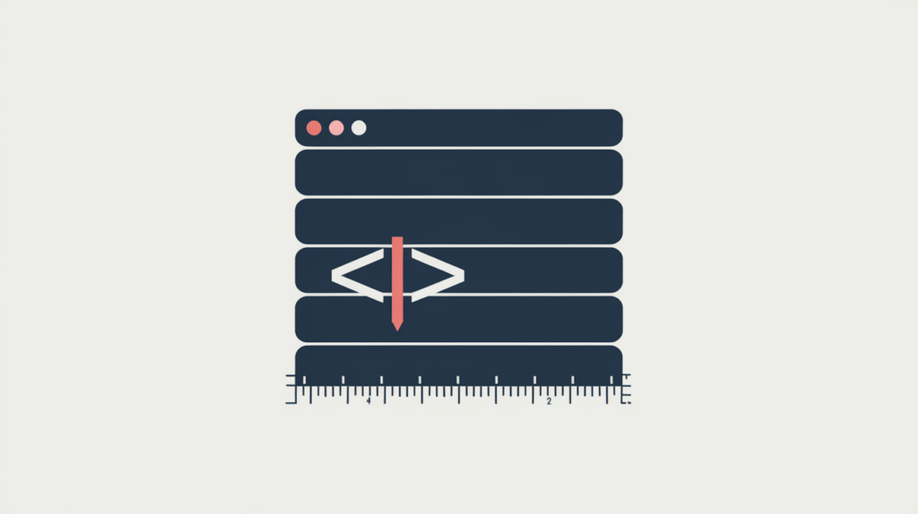 Abstract illustration of a marker measuring the offset to the first paragraph tag in a block of HTML markup, in RankGear indigo and coral.