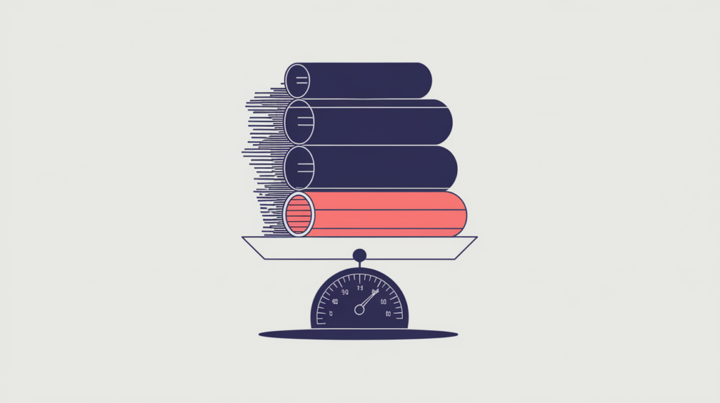 Abstract illustration of cleaned page text being weighed on a balance and read by a kilobyte gauge, in RankGear indigo and coral.