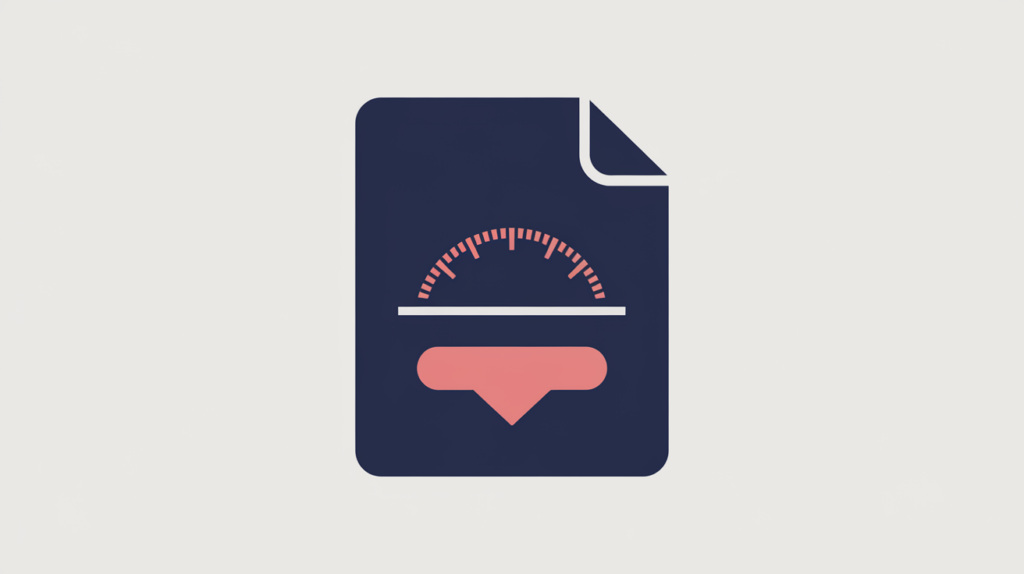 Abstract illustration of a document's head region measured on a gauge reading zero kilobytes, in RankGear indigo and coral.