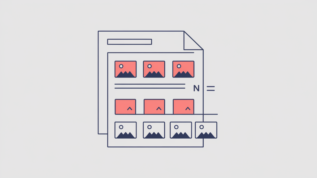 Abstract illustration of counted image placeholder tiles inside a document page, in RankGear indigo and coral.