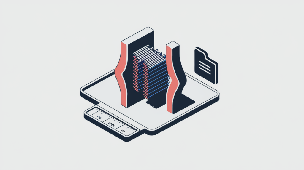 Abstract illustration of inline script code being weighed for its kilobyte size while an external file is set aside, in RankGear indigo and coral.