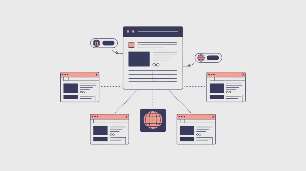 Abstract illustration of a web page linked to multiple regional language variant pages via hreflang alternates, in RankGear indigo and coral.