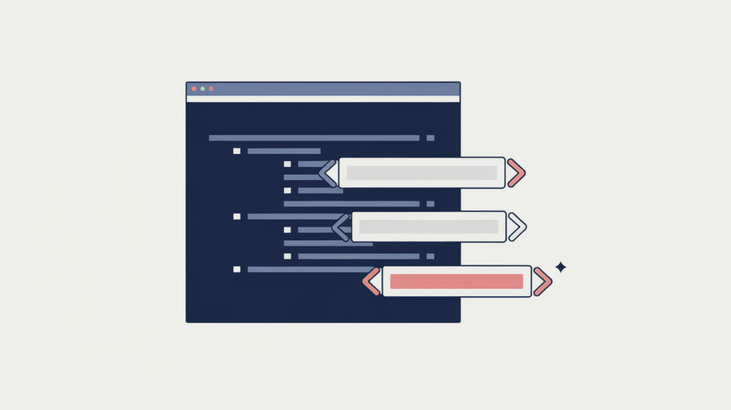 Abstract illustration of HTML comment blocks being counted and removed from page markup, in RankGear indigo and coral.