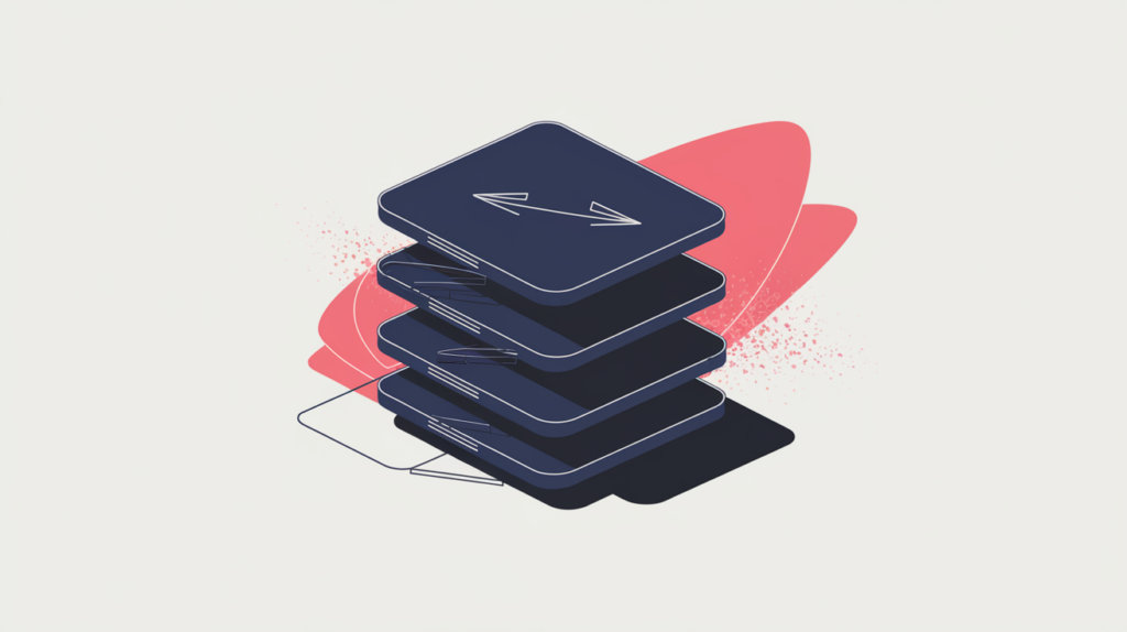 Abstract illustration of counted, nested HTML element blocks measuring markup volume, in RankGear indigo and coral.