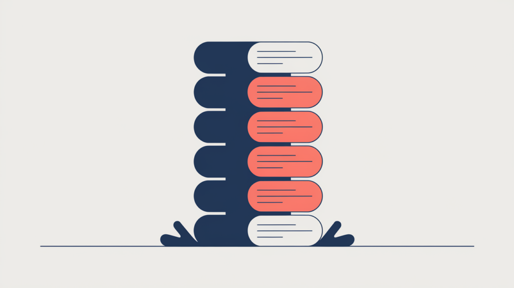 Abstract illustration of a page built from counted paragraph blocks, in RankGear indigo and coral.