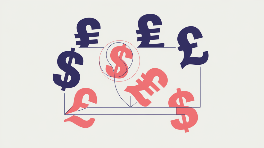 Abstract illustration of dollar, euro, and pound currency symbols being counted on a page, in RankGear indigo and coral.