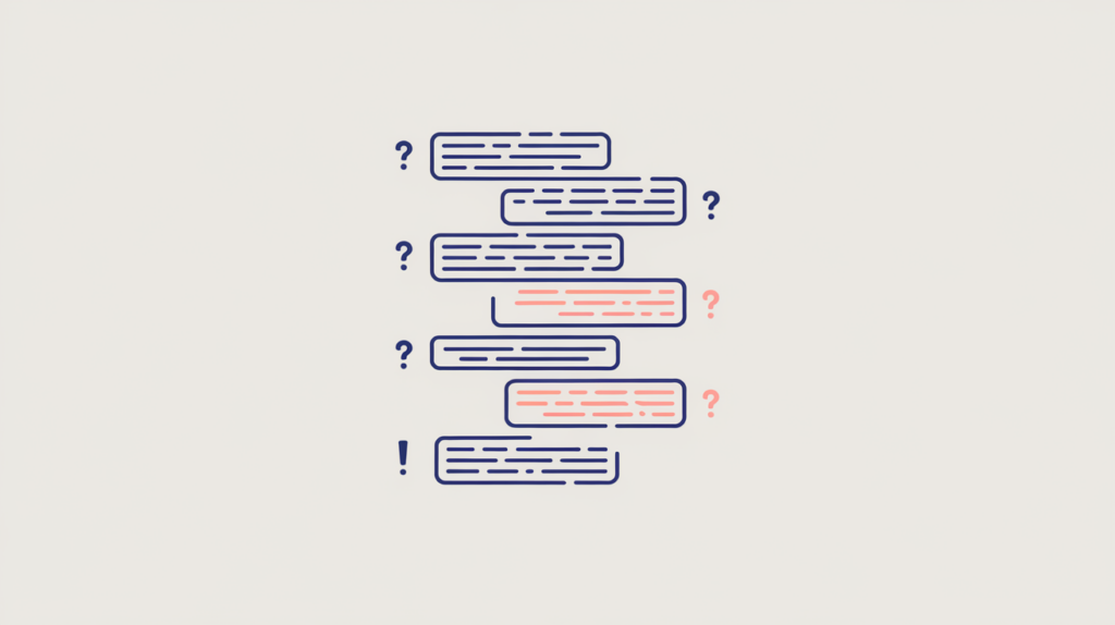 Abstract illustration of counted sentence blocks ending in punctuation marks, in RankGear indigo and coral.