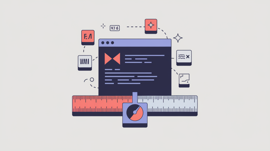 Abstract illustration of a rendered HTML document measured for byte size with external resources excluded, in RankGear indigo and coral.