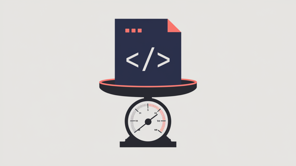 Abstract illustration of raw HTML markup weighed as kilobytes on a measuring scale, in RankGear indigo and coral.