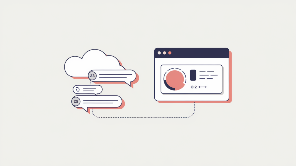 Abstract illustration of a URL receiving an external Facebook comment count as speech-bubble icons, in RankGear indigo and coral.