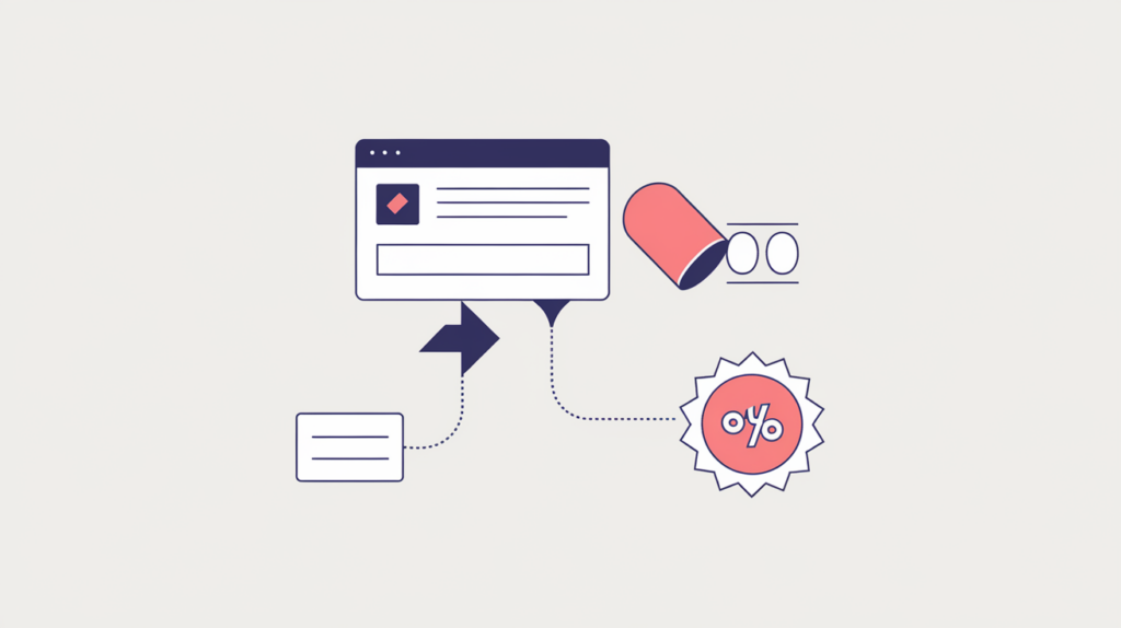 Abstract illustration of an external Facebook share count attributed to a single page URL, in RankGear indigo and coral.