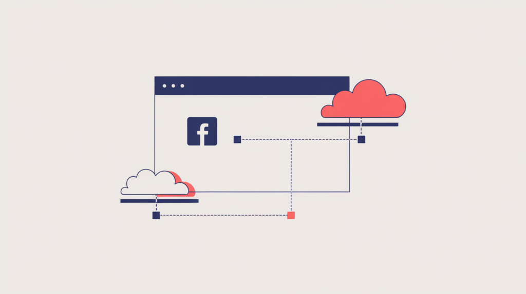 Abstract illustration of a Facebook share count arriving from external run data rather than the page, in RankGear indigo and coral.