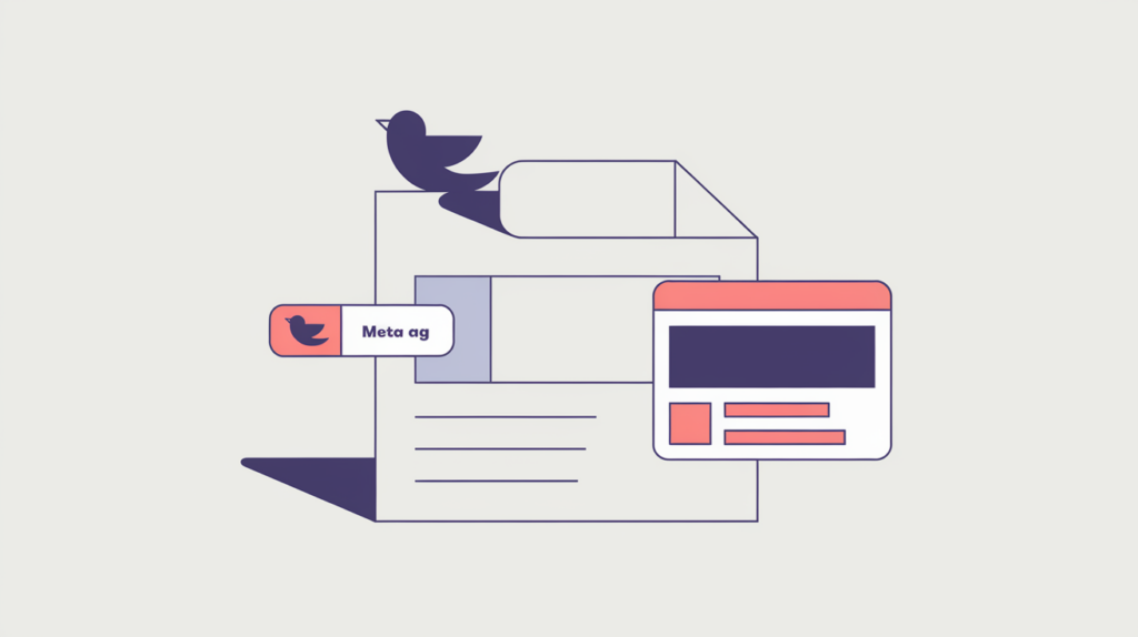 Abstract illustration of a twitter:card meta tag generating an X social share preview card, in RankGear indigo and coral.