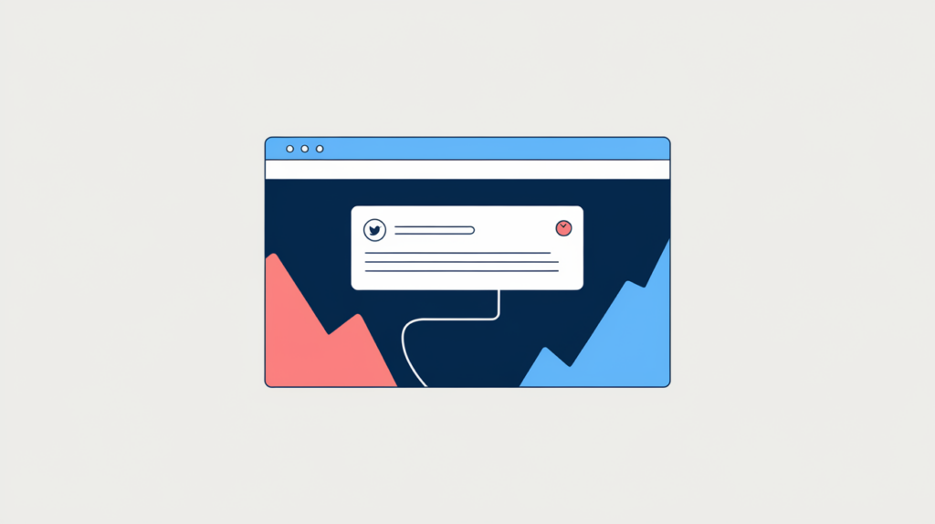 Abstract illustration of a twitter:description meta tag feeding a social share preview card, in RankGear indigo and coral.