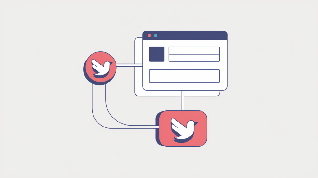 Abstract illustration of a web page's meta tag linking to a publisher social account badge, in RankGear indigo and coral.