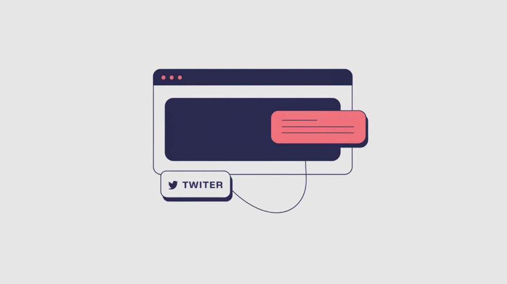 Abstract illustration of a twitter:title meta tag feeding the headline of a social share card, in RankGear indigo and coral.