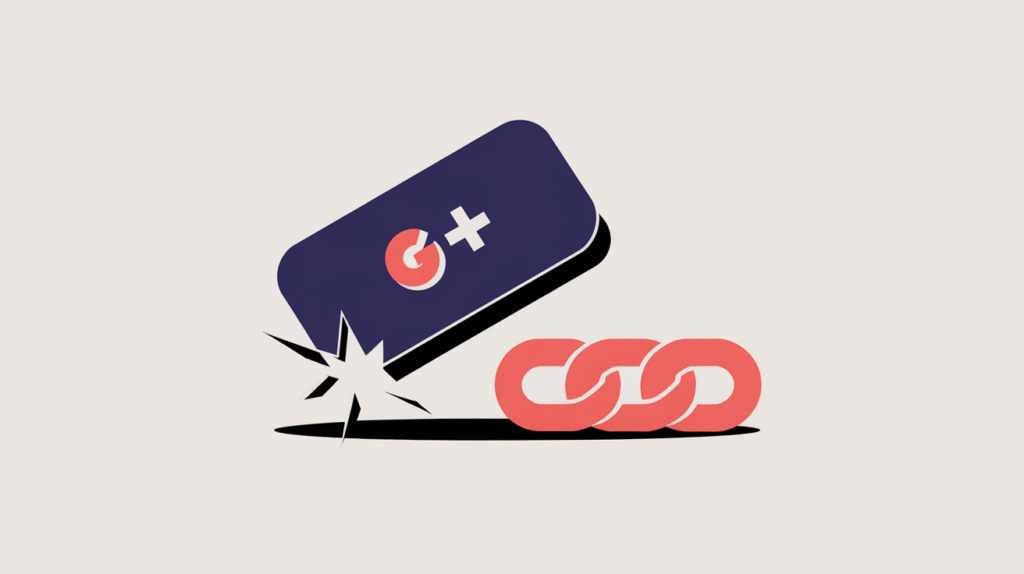 Abstract illustration of a retired Google Plus share button fading beside a modern copy-link icon with a count of duplicate links, in RankGear indigo and coral.