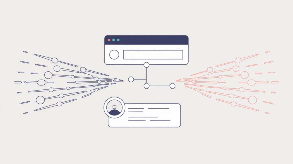 Abstract illustration of a page linking to a single Instagram profile with faint duplicate link paths, in RankGear indigo and coral.