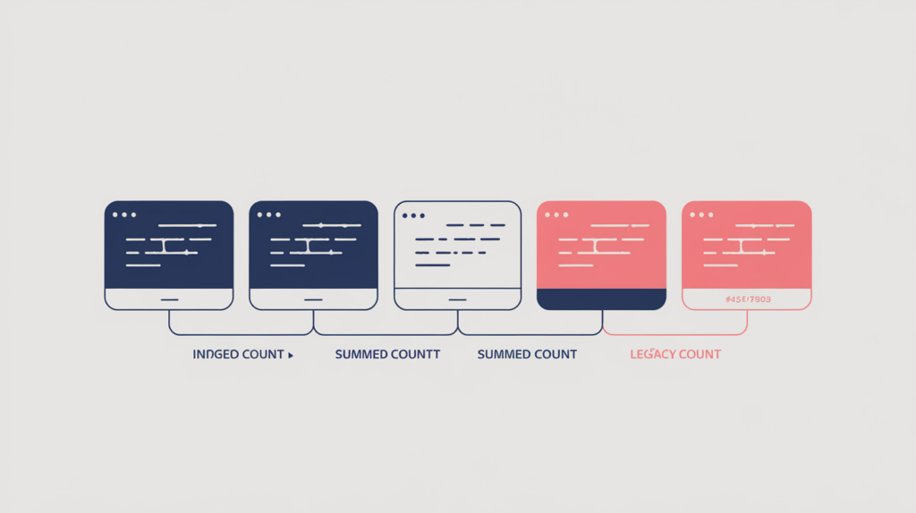Abstract illustration of five social-network page icons summed into a single count, one greyed out as legacy, in RankGear indigo and coral.