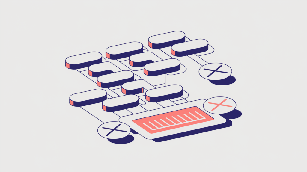 Abstract illustration of social share buttons counted by pattern matching with faded legacy links, in RankGear indigo and coral.