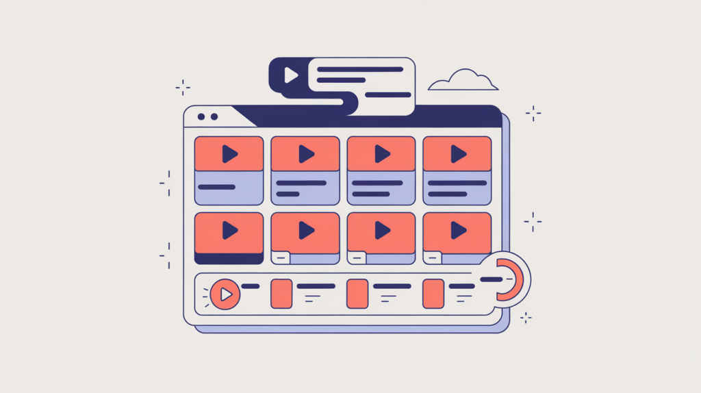 Abstract illustration of repeated video player embeds being counted on a page, in RankGear indigo and coral.