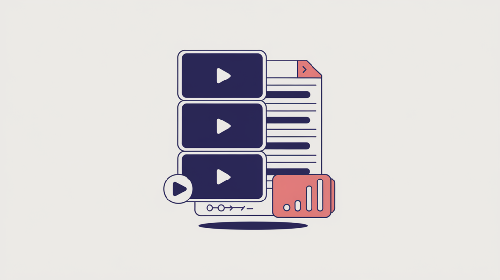 Abstract illustration of a page with multiple video embeds being counted, in RankGear indigo and coral.