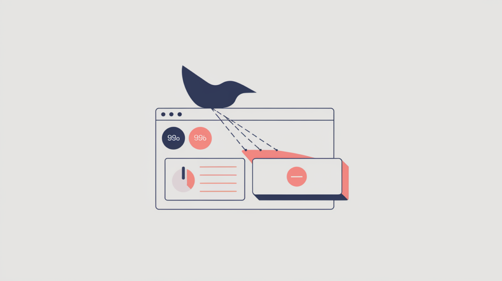 Abstract illustration of a social post count feeding into a single search result row, in RankGear indigo and coral.