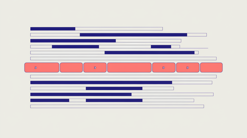 Abstract illustration of repeated highlighted phrases across body text averaged to a single mean position marker, in RankGear indigo and coral.