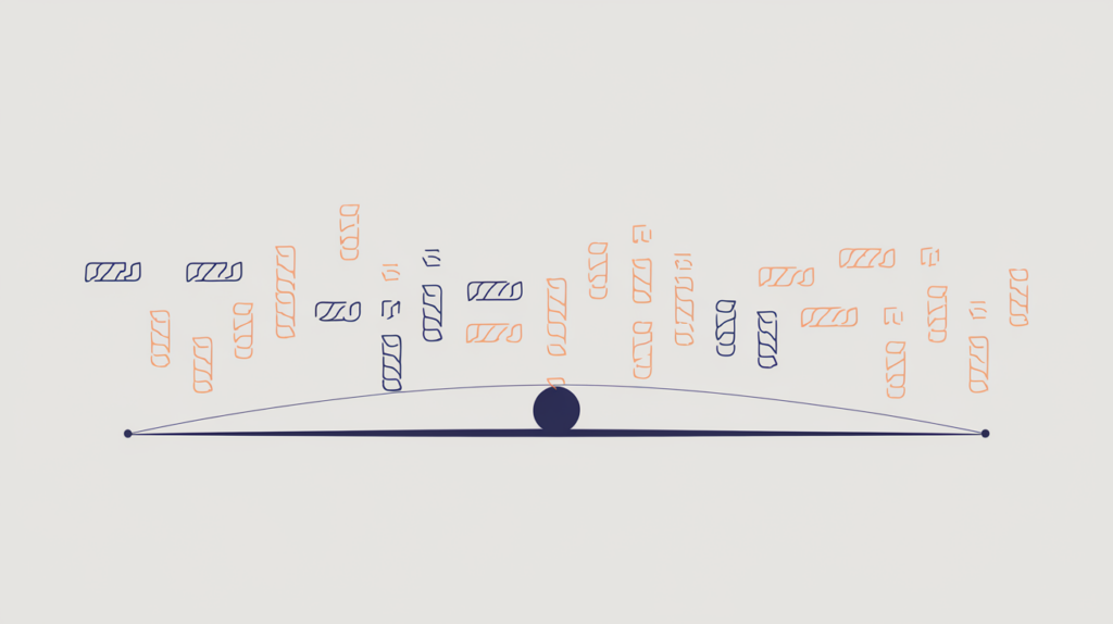 Abstract illustration of keyword variations averaged to a mean position along a body of text, in RankGear indigo and coral.