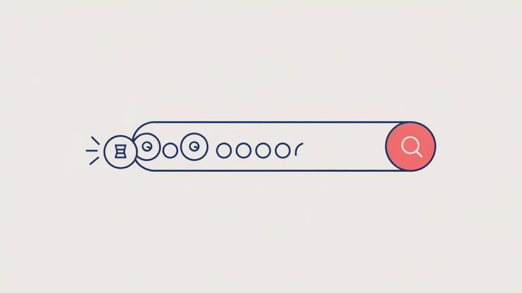 Abstract illustration of query words collapsing into one contiguous token to match a SERP link's text, in RankGear indigo and coral.