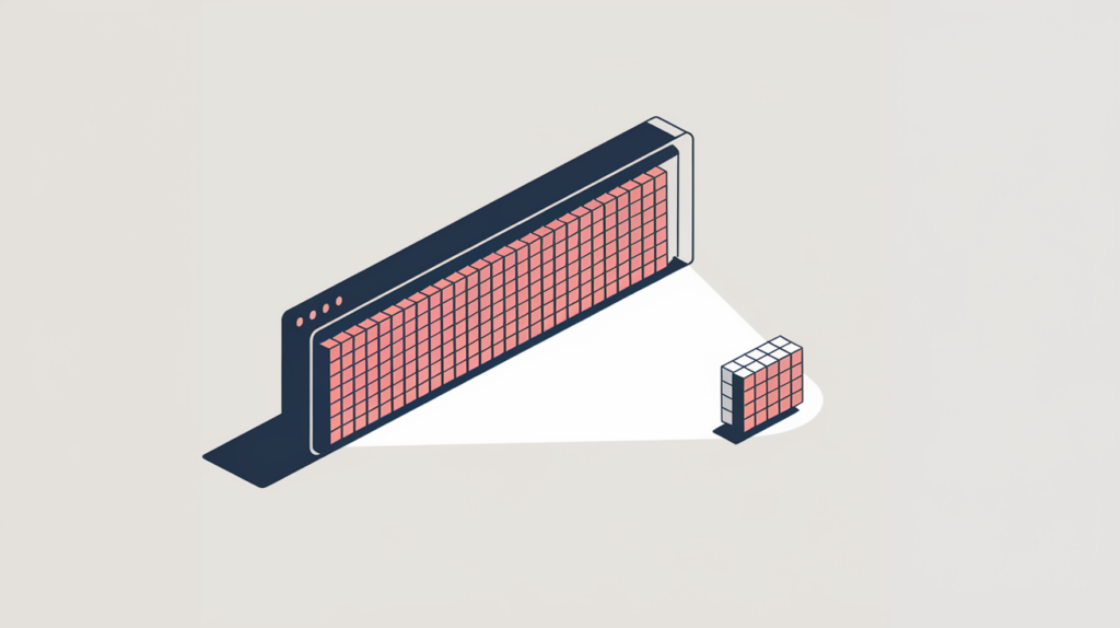 Abstract illustration of a long crossed-out row of character tiles beside a single highlighted lone tile, representing a strict one-character domain match, in RankGear indigo and coral.