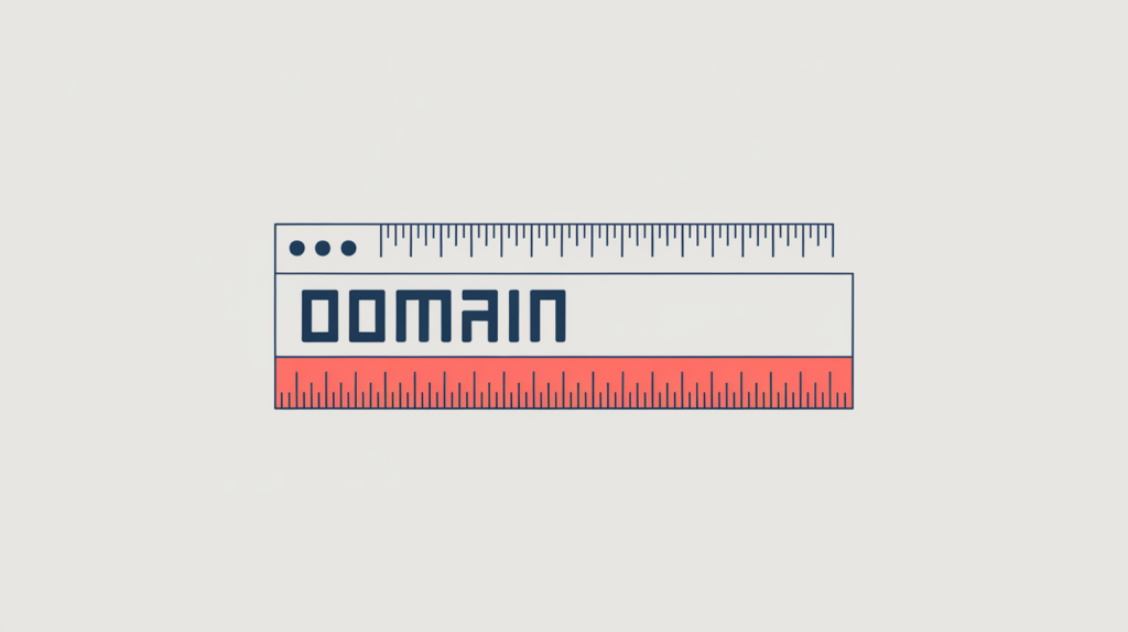 Abstract illustration of a domain name measured as a row of character blocks with the URL path excluded, in RankGear indigo and coral.