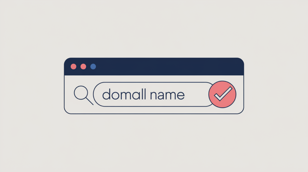 Abstract illustration of an exact-match domain where a search phrase mirrors the website domain before a dot, in RankGear indigo and coral.