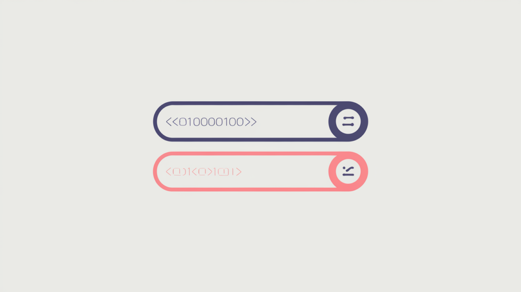Abstract illustration of two result URLs, one with a file extension and one without, in RankGear indigo and coral.