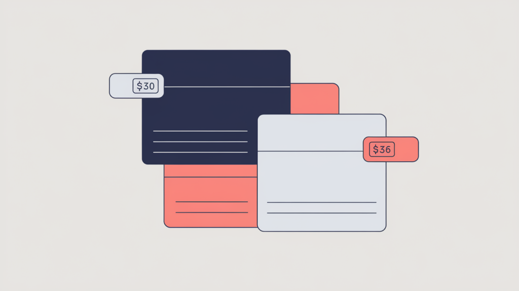 Abstract illustration of a search-result card with and without a displayed price tag, in RankGear indigo and coral.