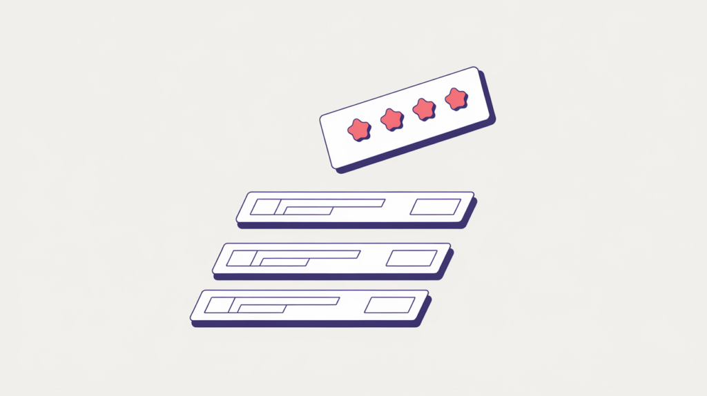 Abstract illustration of one search result card carrying a star rating among plain results, in RankGear indigo and coral.