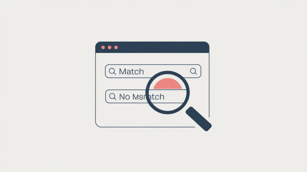 Abstract illustration of a search-result title compared against a page's HTML title to detect a rewrite, in RankGear indigo and coral.