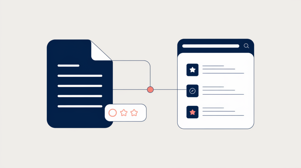 Abstract illustration of a search result showing price, rating, availability, and review-count rich-result badges, in RankGear indigo and coral.