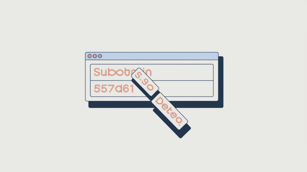 Abstract illustration of a result URL host split into subdomain, domain, and suffix segments with the subdomain segment isolated, in RankGear indigo and coral.