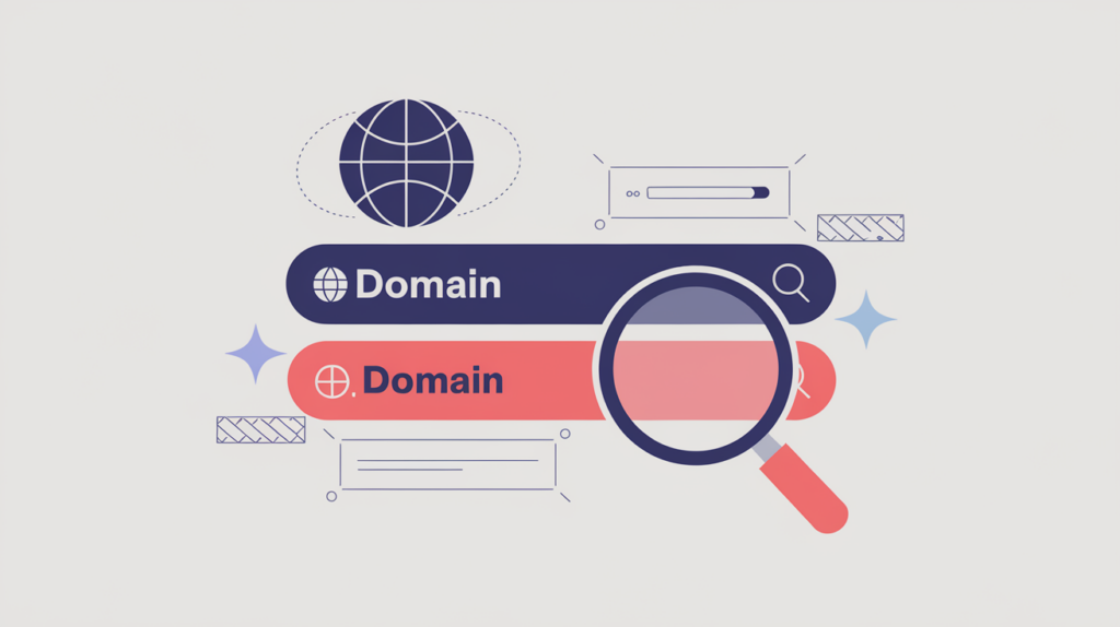 Abstract illustration of a search result link matching a site's domain badge, in RankGear indigo and coral.