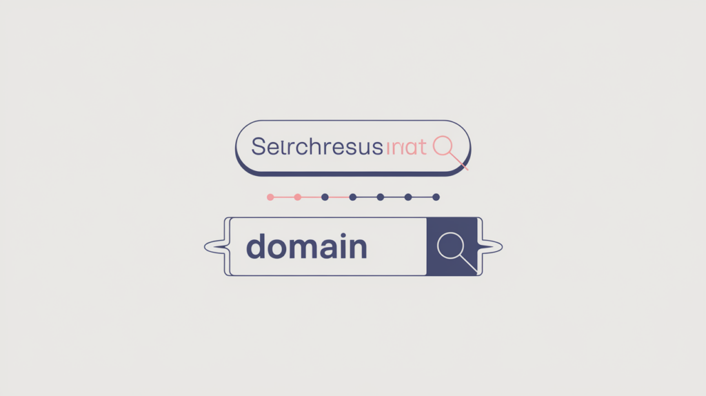 Abstract illustration of a SERP link line matching a domain's first label, in RankGear indigo and coral.