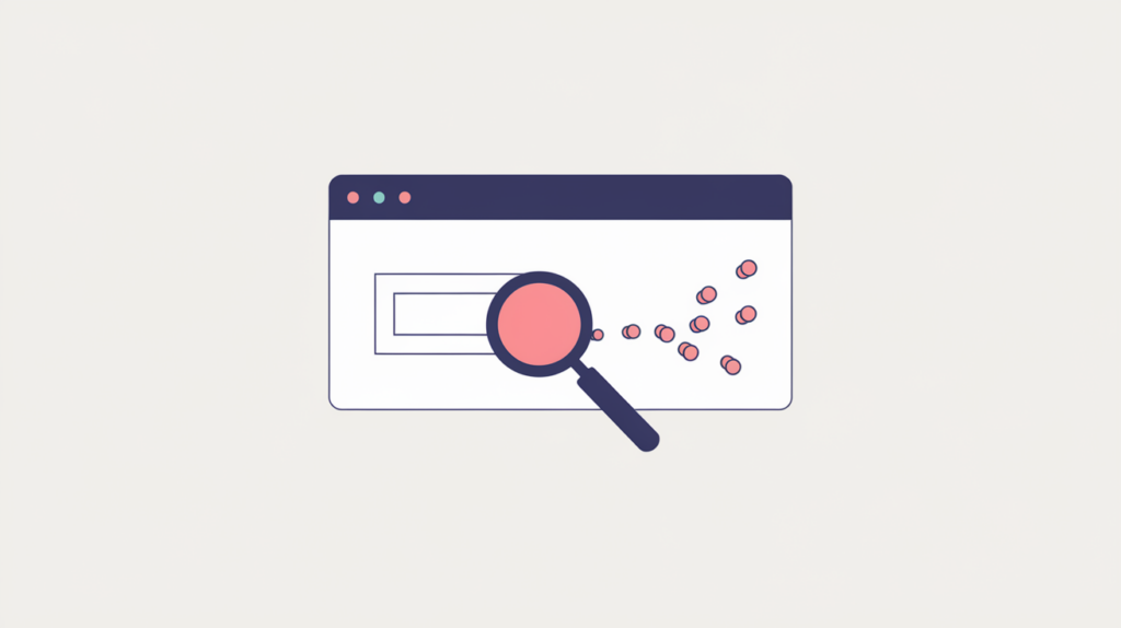 Abstract illustration of a search result title trailing off into three dots under a magnifier, in RankGear indigo and coral.