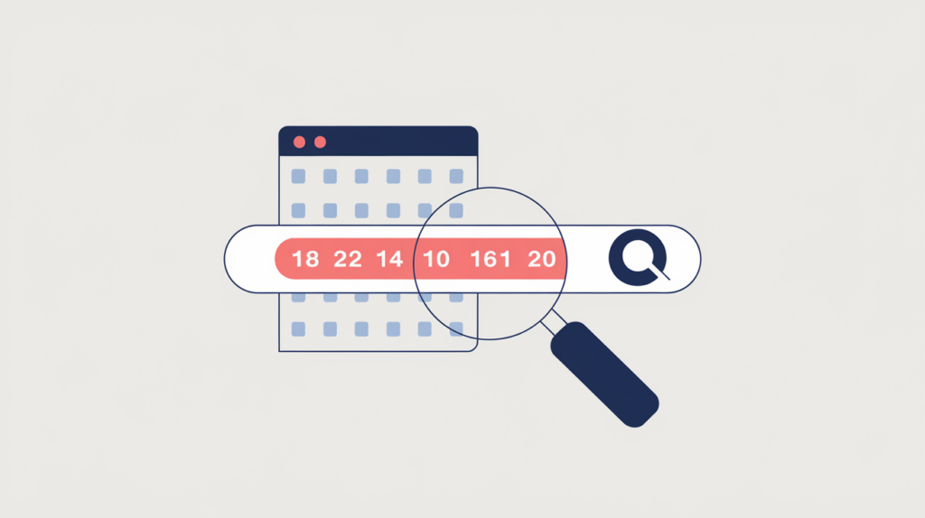 Abstract illustration of a search result title with a highlighted year being inspected, in RankGear indigo and coral.