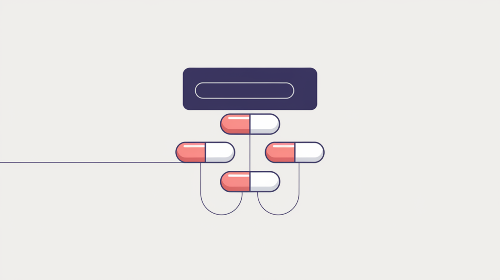 Abstract illustration of a search result with a counted cluster of sitelinks branching beneath it, in RankGear indigo and coral.