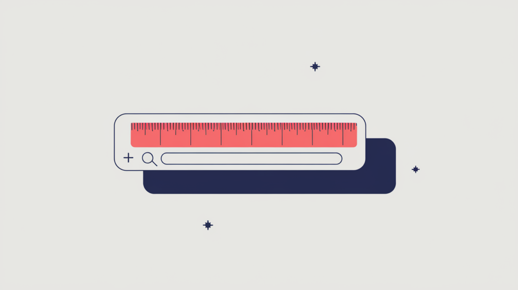 Abstract illustration of a search result snippet with its summary line being measured for length, in RankGear indigo and coral.